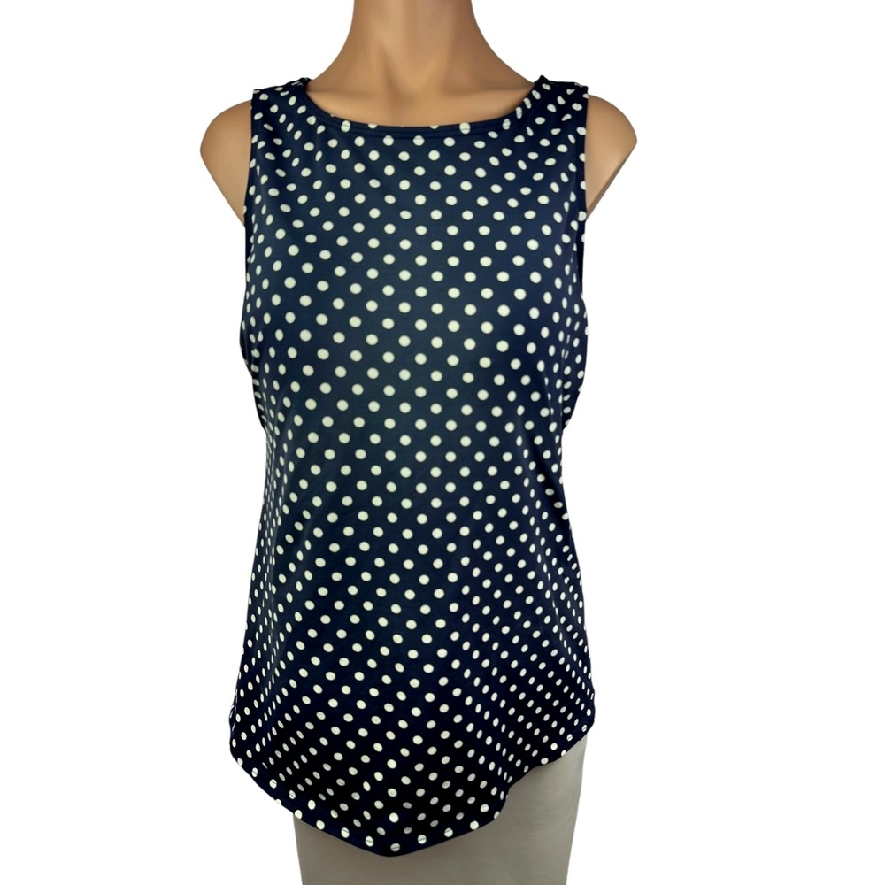 Lands End Tankini Swim Top Sz XL Blue w White Polka Dots High Neck - Picture 1 of 5